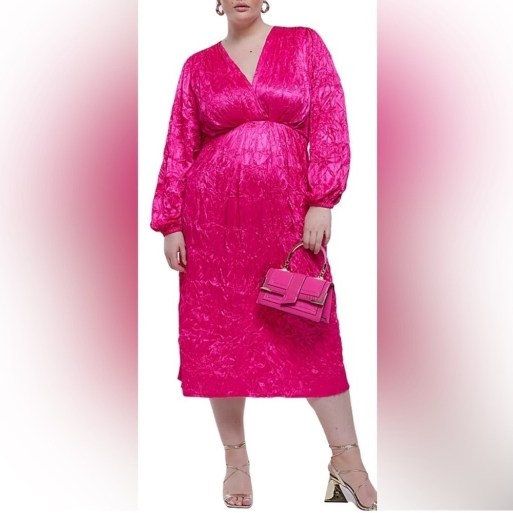 River Island Pink Crinkle Long Sleeve Wrap Dress - New - Size 24